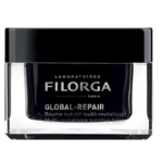 Un pot transparent avec un couvercle noir étiqueté "Laboratoires Filorga Paris Global-Repair Baume nutritif multi-revitalisant Multi-revitalising nutritive balm". Dakar