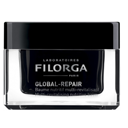 Un pot transparent avec un couvercle noir étiqueté "Laboratoires Filorga Paris Global-Repair Baume nutritif multi-revitalisant Multi-revitalising nutritive balm". Dakar