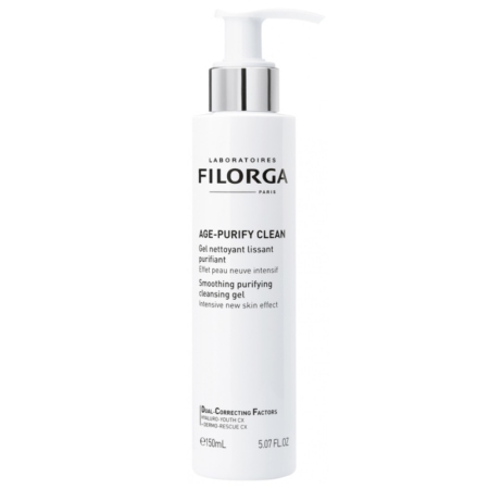 Un flacon pompe blanc de Filorga Age-Purify Clean Smoothing Purifying Cleansing Gel, 150ml, avec un texte noir et argenté sur l'étiquette, debout sur un fond blanc. Dakar