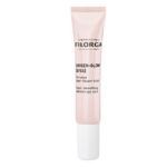 Un tube rose étiqueté "Filorga Oxygen-Glow [Eyes] Super-smoothing radiance eye care" avec un bouchon blanc, debout sur un fond blanc. Dakar