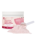 Un contenant de poudre Fleurance Nature Collagène Expert Fruité avec une étiquette rose est montré à côté d'une cuillère transparente remplie de poudre rose. Le produit est aromatisé à la grenade et favorise la beauté de la peau et les bienfaits des antioxydants. Dakar