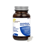 Un flacon brun étiqueté "Magnésium Bisglycinate" par Fleurance Nature avec deux gélules blanches à côté. L'étiquette mentionne des avantages tels que la réduction du stress et la lutte contre la fatigue, et souligne la teneur en vitamine B6 et en taurine. Dakar