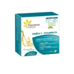 Une boîte de suppléments Fleurance Nature Oméga 3 - Vitamine D3, mettant l'accent sur le soutien du système immunitaire et contenant 30 gélules. L'emballage présente un design vert et jaune avec un graphique de gouttelettes et des informations nutritionnelles clés. Dakar