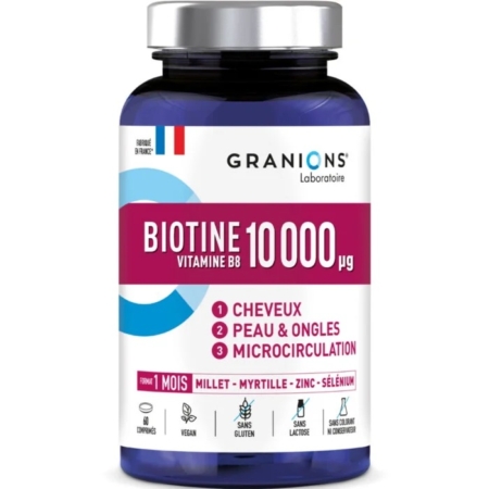 Un flacon bleu et violet de Granions Biotine 10 000 µg de suppléments de vitamine B8, étiquetés pour les cheveux, la peau et les ongles, et la microcirculation. Le flacon indique qu'il est végétalien, sans gluten, sans lactose et qu'il contient 60 comprimés. Dakar