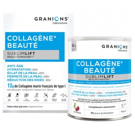 Une boîte Granions Complément Alimentaire Collagène+ Beauté SublimLift CERISE de 300g, avec une étiquette bleue et blanche, offre des avantages tels que l'anti-âge, l'hydratation, la fermeté et la réduction des rides. Dakar