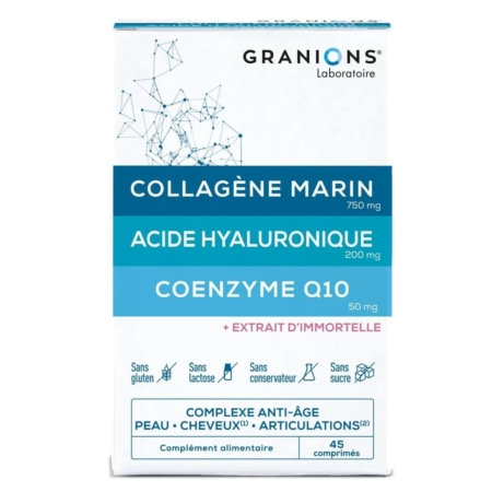 Une boîte de compléments alimentaires Granions Collagène Marin, contenant des ingrédients tels que du collagène marin, de l'acide hyaluronique et de la coenzyme Q10. L'emballage met en avant les bénéfices anti-âge pour la peau, les cheveux et les articulations. Dakar