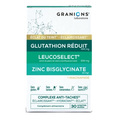 Vue de face de la boîte de Granions Complément Alimentaire Complexe Anti Taches Éclat Naturel Teint Sublimé 30 Comprimés Sécables, contenant du Glutathion Réduit, du Leucoselect, du Bisglycinate de Zinc et du Niacinamide pour des effets éclaircissants et anti-imperfections. Dakar