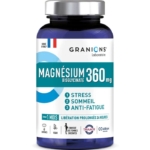 Un flacon bleu étiqueté "Granions Magnésium Bisglycinate 360 mg" complément alimentaire, indiquant des bénéfices pour le stress, le sommeil, et l'anti-fatigue. Des icônes indiquent qu'il est végétalien et convient aux femmes enceintes. Dakar
