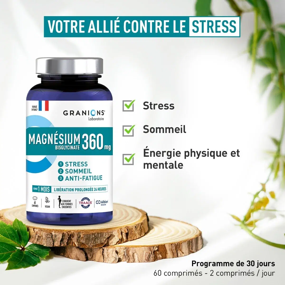 Une bouteille de suppléments Granions Magnesium 360 mg est posée sur une surface en bois avec un texte soulignant les avantages : réduction du stress, meilleur sommeil, énergie physique et mentale. Des feuilles et la lumière du soleil sont en arrière-plan. Dakar