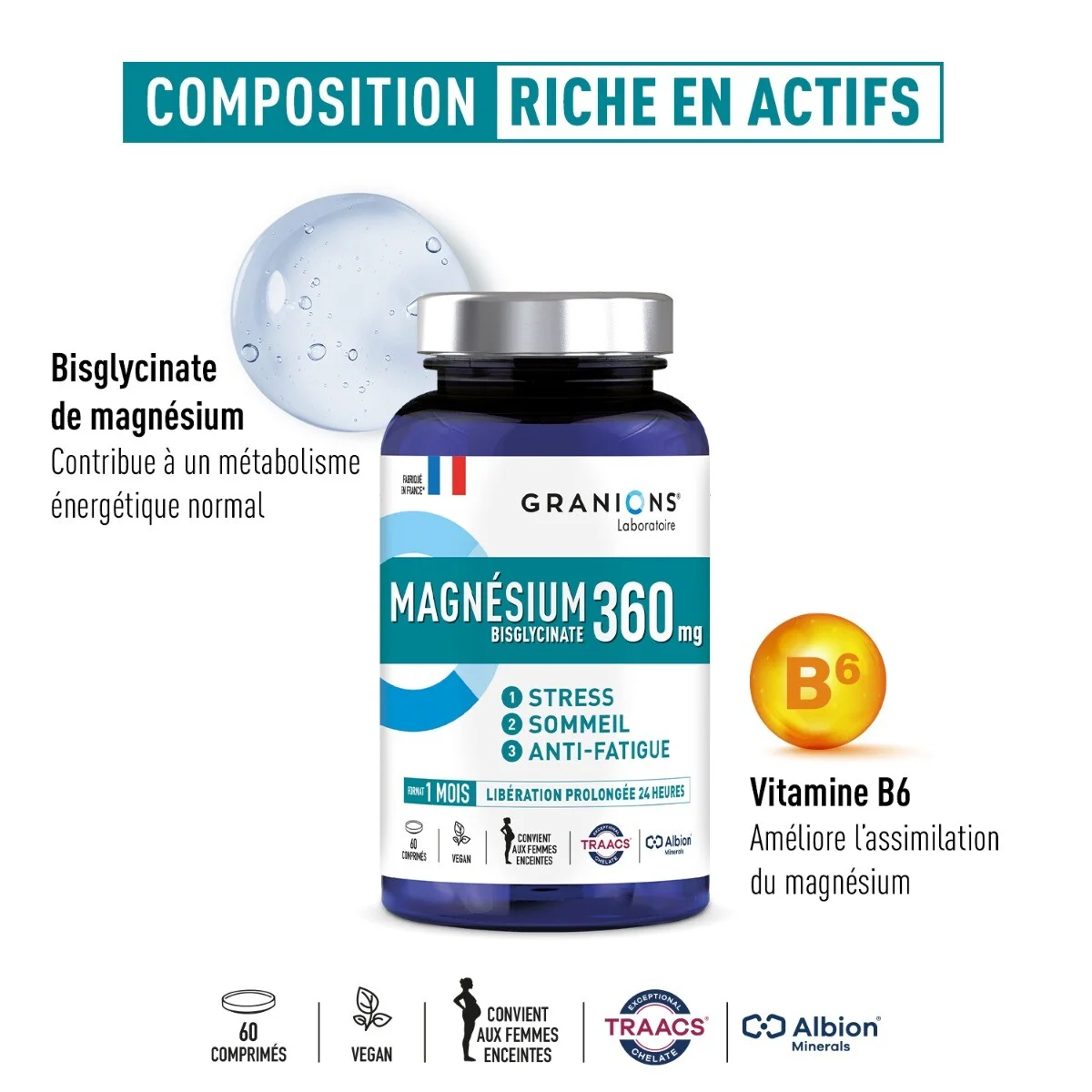 Un flacon de Granions Magnesium Bisglycinate 360 mg est présenté, mettant en évidence les bienfaits sur le stress, le sommeil et la lutte contre la fatigue. Le texte décrit sa teneur en magnésium et en vitamine B6 et affiche des icônes indiquant que le produit est végétalien, qu'il contient 60 comprimés et qu'il est destiné à la santé des femmes. Dakar