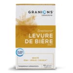 Une boîte de complément alimentaire Granions Levure de Bière, à l'emballage or et blanc, étiqueté pour ses bienfaits sur la beauté de la peau, des ongles et des cheveux. La boîte contient 60 gélules à base de plantes. Dakar