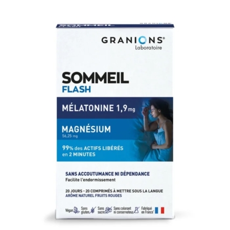 Une boîte de Granions Laboratoire Sommeil Flash, complément alimentaire à base de mélatonine et de magnésium. L'emballage est principalement blanc et bleu, avec l'image d'une femme endormie et les détails du produit en français. Dakar