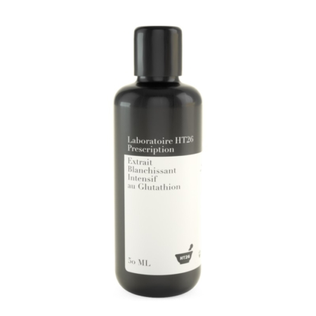 Un flacon noir avec un bouchon noir et une étiquette blanche affiche "Ht26 Extrait Sérum Blanchissant au Glutathion Anti Taches Tenaces, 50 ml" en texte noir. Dakar