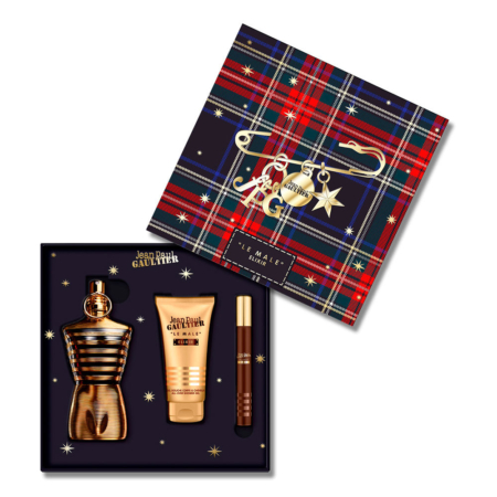 Le coffret Le Male Elixir pour Homme de Jean Paul Gaultier comprend une boîte à motif écossais avec un flacon d'eau de Cologne rayé d'or, un tube de gel douche et un vaporisateur cylindrique. Dakar