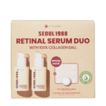 Une boîte étiquetée "Seoul 1988 Retinal Serum Duo with 100% Collagen Ball" montrant deux flacons de sérum et une boule de collagène, avec un badge "Special Value" et un sceau "Irritation Test Completed". Dakar