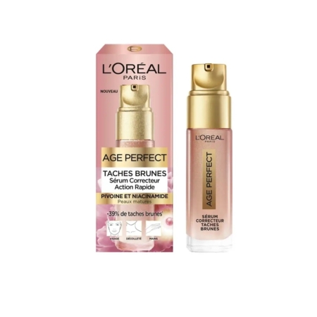 Un flacon de L'Oréal Paris Age Perfect Anti Taches Sérum Action Rapide 30 ml avec une pompe dorée se trouve à côté de son emballage rose et or, qui affiche les détails du produit en français. Dakar