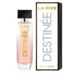 Un flacon d'eau de parfum LA RIVE DESTINÉE se trouve à côté de sa boîte assortie. Le flacon est haut, avec un bouchon noir et un lettrage or et gris. Le coffret est blanc avec des accents noirs et dorés et le même marquage DESTINÉE. Dakar