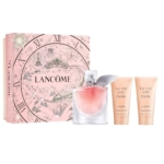 Coffret cadeau Lancôme La Vie Est Belle avec une boîte rose, un flacon de parfum et deux tubes de produits parfumés pour le corps assortis présentés devant. Dakar