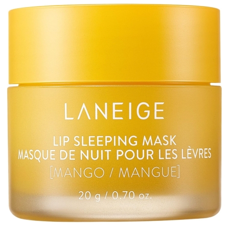 Un pot jaune de Laneige Lip Sleeping Mask au parfum de mangue, avec un texte blanc affichant le nom du produit, la description en anglais et en français, et le poids de 20g (0.70 oz) sur la face avant. Dakar