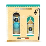 Les Petits Plaisirs Coffret Noël le Village aux Senteurs Parfum Vanille Monoï Fleur de Tiaré 4 Produits : comprend une eau de toilette, une brume corporelle scintillante, un gel douche et un lait corporel dans un emballage aux accents jaunes et aux illustrations de fleurs tropicales. Dakar