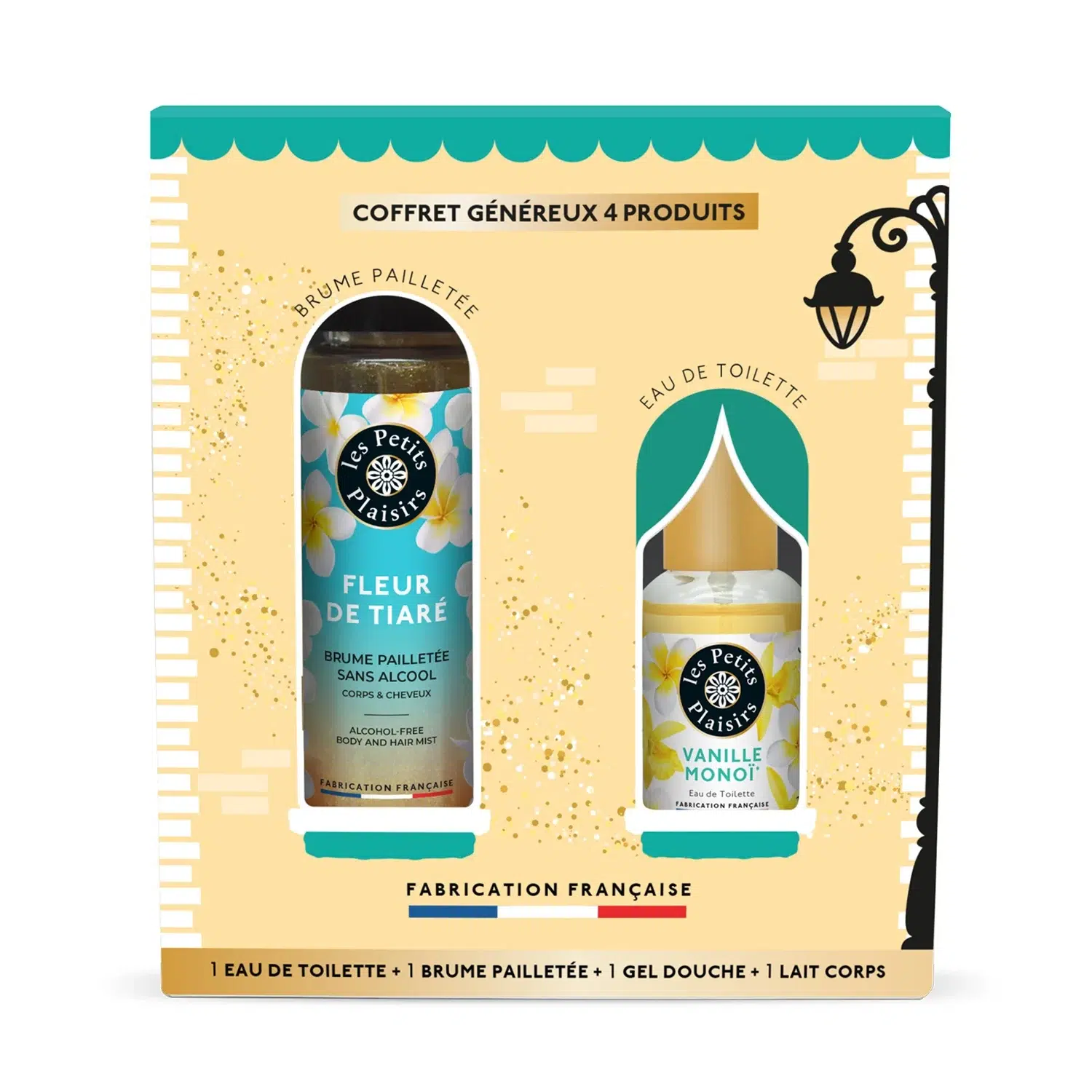 Un coffret de quatre produits "Les Petits Plaisirs", comprenant une brume corporelle Fleur de Tiaré, une eau de toilette Vanille Monoï, un gel douche et un lait corporel, dans un emballage jaune et blanc aux accents floraux. Dakar