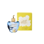 Un flacon bleu en forme de pomme de Lolita Lempicka Le Parfum Eau de parfum 100ml avec des détails dorés est présenté à côté de sa boîte jaune et blanche, toutes deux portant le nom et le logo de la marque en élégantes lettres dorées. Dakar