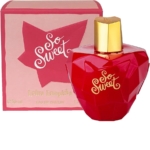 Un flacon rouge à facettes avec un bouchon doré étiqueté "So Sweet" se trouve devant son coffret rose et rouge, tous deux affichant "So Sweet", "Lolita Lempicka" et la marque de Lolita Lempicka Sweet Eau de parfum pour femme 50ml. Dakar