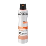 Un flacon de spray anti-transpirant L'Oréal Men Expert Hydra Energetic Sport, protection 72H, blanc avec des accents noirs et orange, avec des allégations d'anti-odeurs, d'activateur de fraîcheur et de 0% d'alcool. Dakar