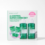Une boîte étiquetée "NINE LESS A-Control Super Combo Set" contient deux flacons de sérum à l'acide azélaïque et deux tubes de crème bonus. L'emballage est vert et blanc et porte la mention "Style Korean Only" dans un cercle rose. Dakar