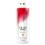Olay Gel douche Corps Hydratant Anti Age Niacinamide Vitamine B3 Anti-âge 591 ml se présente dans un flacon dégradé blanc et rouge avec des accents dorés, un distributeur à pompe, et contient 591 ml (20 fl oz). Dakar