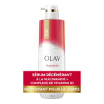Olay Gel douche Corps Hydratant Anti Age Niacinamide Vitamine B3 Anti-âge 591 ml dans un emballage rouge et blanc, avec un couvercle à pompe, comporte un texte en français mettant en valeur son complexe de niacinamide et de vitamine B3 en tant que nettoyant corporel anti-âge. Dakar