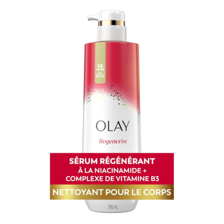Olay Gel douche Corps Hydratant Anti Age Niacinamide Vitamine B3 Anti-âge 591 ml dans un emballage rouge et blanc, avec un couvercle à pompe, comporte un texte en français mettant en valeur son complexe de niacinamide et de vitamine B3 en tant que nettoyant corporel anti-âge. Dakar