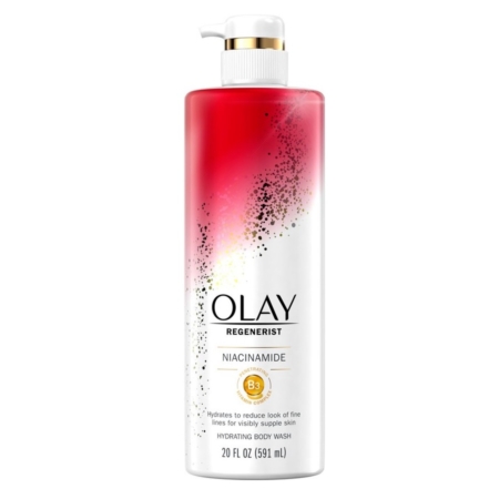 Olay Gel douche Corps Hydratant Anti Age Niacinamide Vitamine B3 Anti-âge 591 ml se présente dans un flacon dégradé blanc et rouge avec des accents dorés, un distributeur à pompe, et contient 591 ml (20 fl oz). Dakar