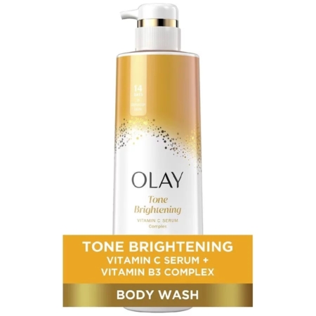 Olay Gel Douche Nettoyant et Éclaircissant à la Vitamin C 530ml présente une pompe blanche et des accents dorés, avec "Tone Brightening" mis en évidence sur l'étiquette dorée. Contient du sérum de vitamine C et du complexe de vitamine B3. Dakar