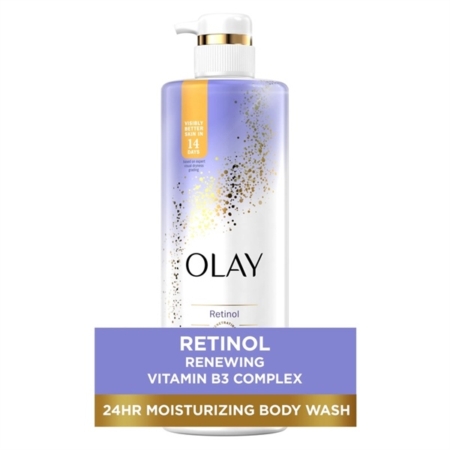 Un flacon de 591 ml de Olay Gel Douche Régénérant Vitamine B3 + et Rétinol, au design violet et blanc avec des accents dorés et une pompe, présentant les avantages d'une hydratation de 24 heures sur l'étiquette. Dakar