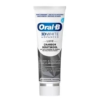 Un tube de dentifrice Oral-B 3D White Advanced Luxe Charbon (Charcoal), avec un emballage bleu, blanc et argent avec un texte en français et un bouchon blanc. Dakar