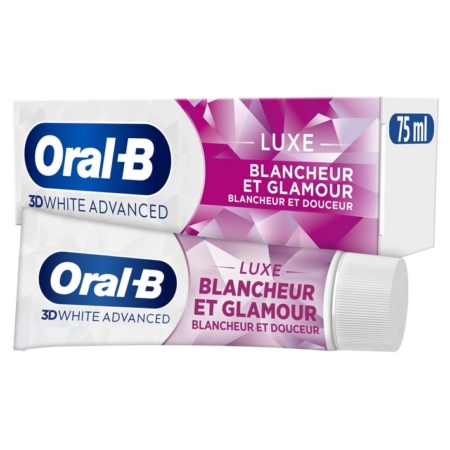 Une boîte et un tube de dentifrice Oral-B 3D White Advanced Luxe en français, étiquetés "Blancheur et Glamour" avec un motif violet et blanc et un format de 75 ml indiqué en haut à droite de la boîte. Dakar