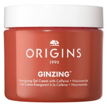 Origins 1990 Ginzing Gel Crème Énergisant à la Caféine + Niacinamide Peaux Grasses 50ml combine caféine et niacinamide dans un pot orange à couvercle blanc avec texte blanc pour un soin énergisant. Dakar