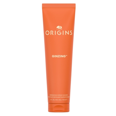 Tube orange de 150 ml de Origins Ginzing Nettoyant 2 en 1 Exfoliant Rafraîchissant avec texte blanc et or sur le devant. Dakar