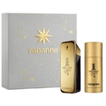 Le Coffret Cadeau pour Homme Rabanne 1 Million comprend un flacon de parfum rectangulaire doré et un spray déodorant, présentés à côté d'un coffret argenté portant la mention "rabanne" et une étoile dorée sur la face avant. Dakar