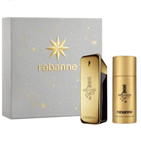 Le Coffret Cadeau pour Homme Rabanne 1 Million comprend un flacon de parfum rectangulaire doré et un spray déodorant, présentés à côté d'un coffret argenté portant la mention "rabanne" et une étoile dorée sur la face avant. Dakar