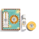 Coffret cadeau Roger & Gallet Bois d'Orange comprenant un emballage décoratif, un petit flacon transparent de parfum et un pain de savon rond enveloppé de jaune. Dakar