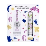 Coffret cadeau de Roger & Gallet Feuille de Thé, comprenant un parfum et une crème pour les mains. Le coffret est décoré de motifs floraux et abstraits colorés, avec le logo et les détails du produit sur la face avant. Dakar