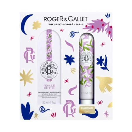 Coffret cadeau de Roger & Gallet Feuille de Thé, comprenant un parfum et une crème pour les mains. Le coffret est décoré de motifs floraux et abstraits colorés, avec le logo et les détails du produit sur la face avant. Dakar
