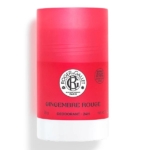 Un cylindre rouge et blanc de déodorant Roger & Gallet Gingembre Rouge, portant le logo de la marque et étiqueté comme un déodorant 24 heures avec un poids net de 50g. Dakar