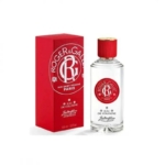Un flacon en verre transparent de Roger & Gallet Paris Eau de Cologne avec un bouchon rouge, présenté à côté de sa boîte rouge assortie avec le logo de la marque et les détails du produit. Dakar