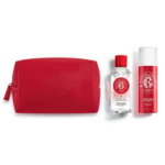 Une pochette rouge à fermeture éclair à côté d'un petit flacon transparent avec un bouchon rouge et d'un flacon pulvérisateur cylindrique rouge, tous munis d'étiquettes décoratives blanches assorties. Dakar