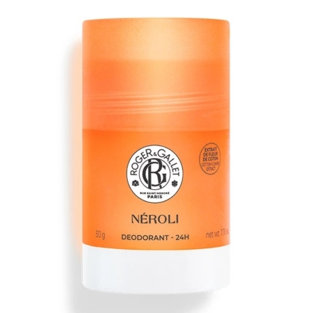 Bâton cylindrique orange du déodorant Roger & Gallet Néroli, avec un logo noir et blanc et des détails sur le produit en texte noir sur le devant. Dakar