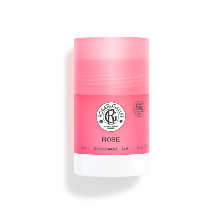 Un bâton rose et blanc de déodorant Roger & Gallet Rose, étiqueté pour une protection de 24 heures, se tenant debout sur un fond blanc. Dakar