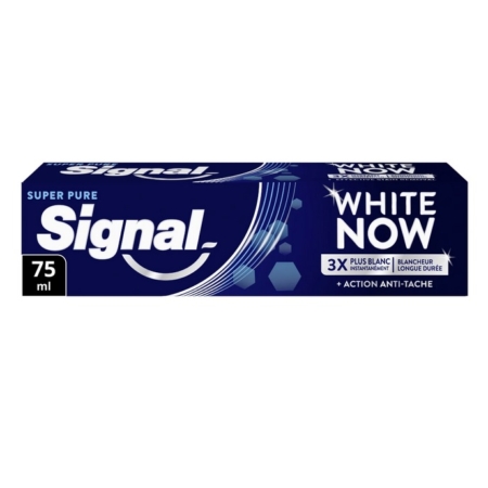 Une boîte bleue de dentifrice Signal White Now Super Pure, 75 ml. L'emballage met en évidence les caractéristiques "3X plus blanc instantanément", "blancheur longue durée" et "action anti-tache" en français. Dakar